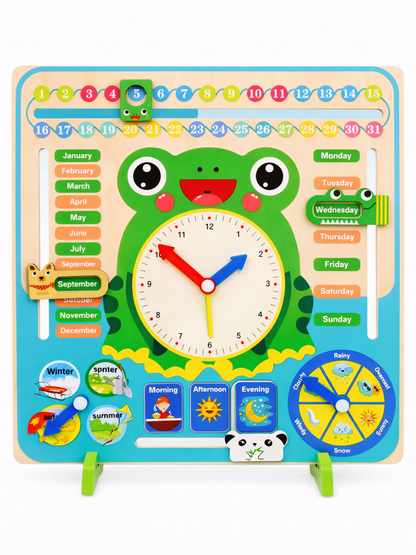 木製カレンダー時計ボードの正面全体イメージ（スタンド付き）
