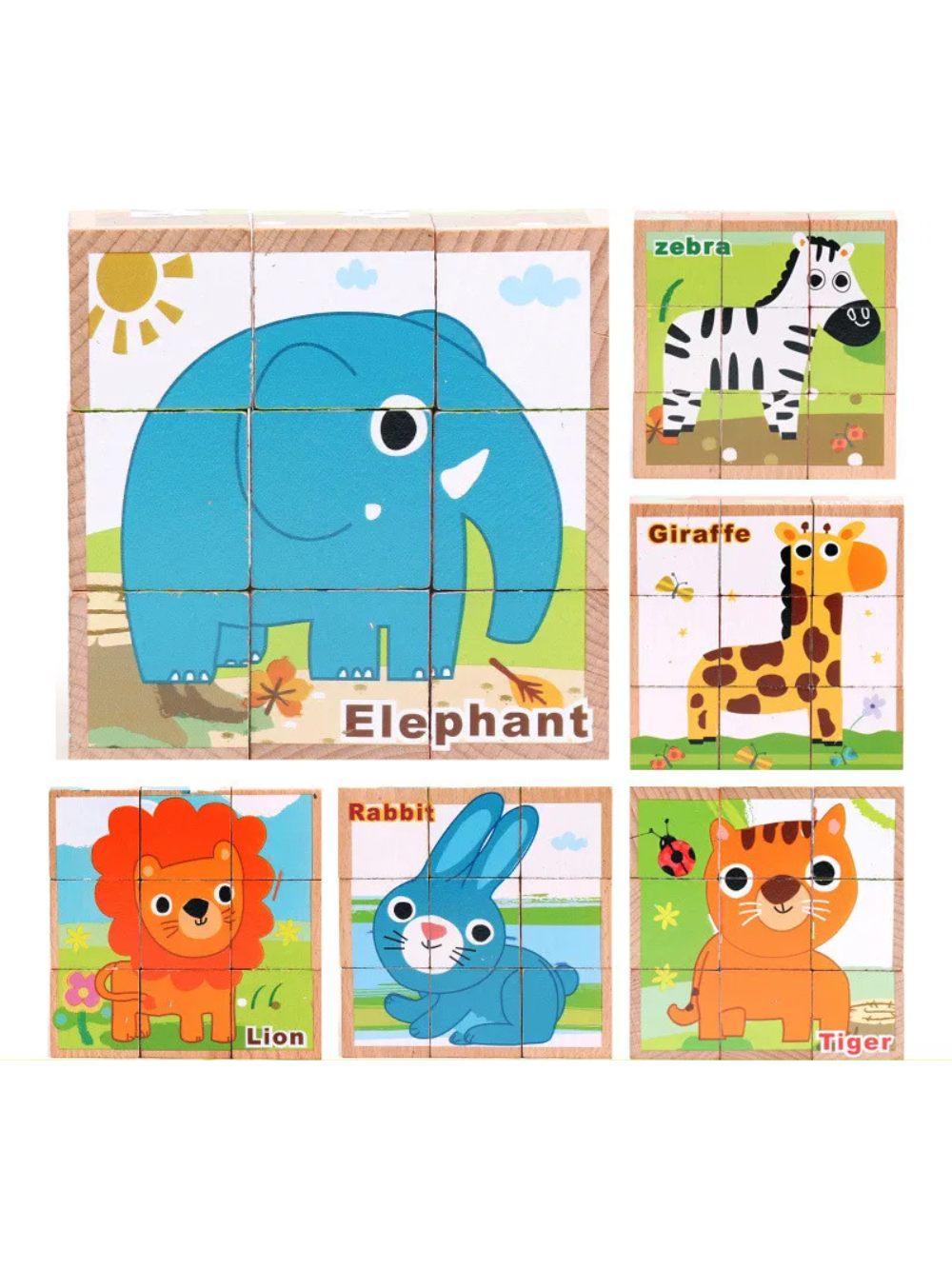 ブルーゾウの絵柄を完成させた木製キューブパズルイメージ
