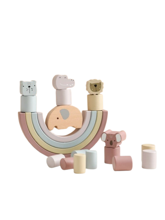 北欧パステルの木製レインボーアーチとアニマルブロックのバランス積み木イメージ
