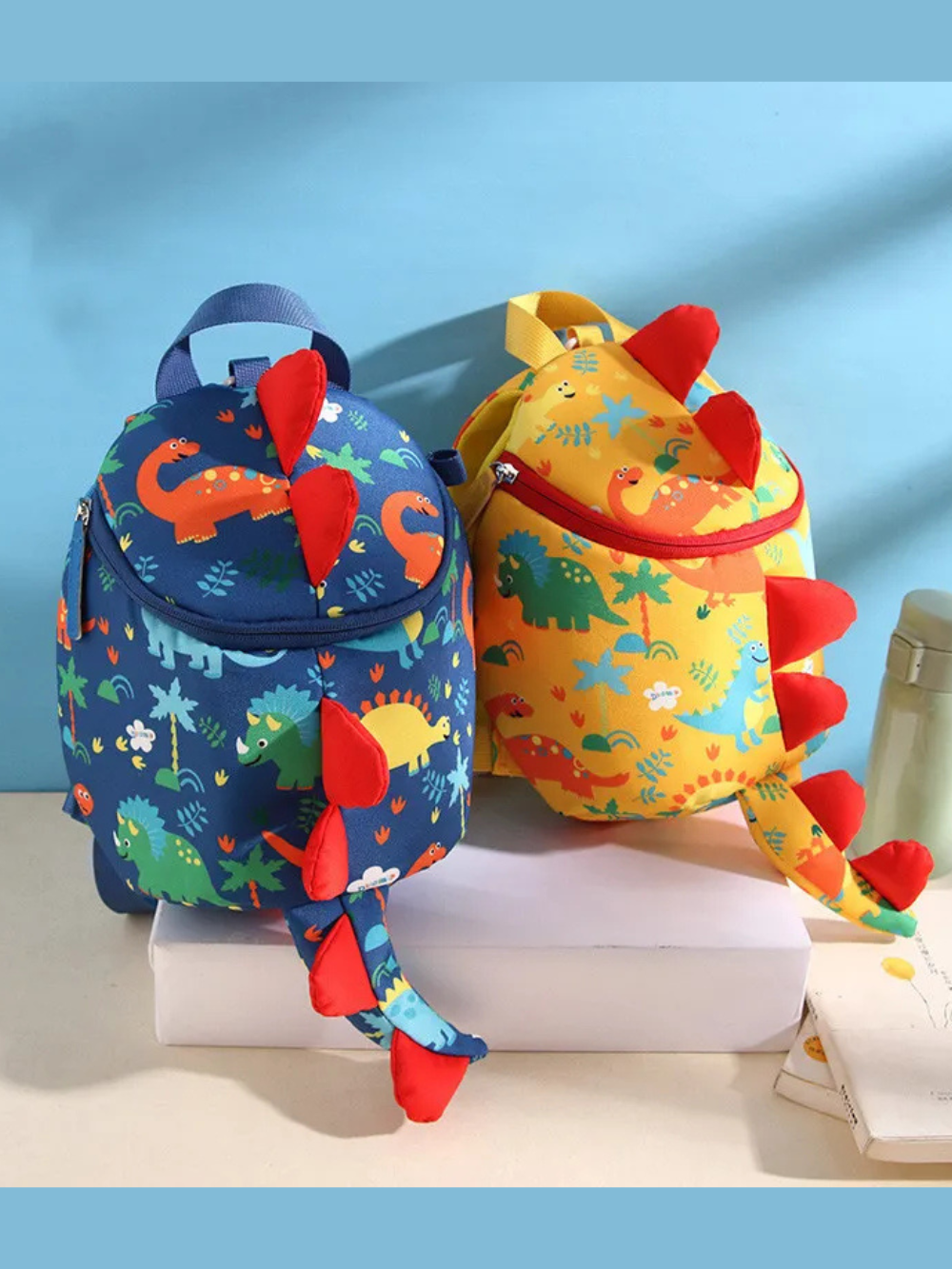 迷子防止ロープ付き キッズバックパック ブルー・イエロー 2色（恐竜リュック）
