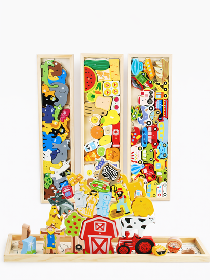 木製3Dストリップパズル3種の全体イメージ（動物・食べ物・乗り物のトレーと立体ピース）
