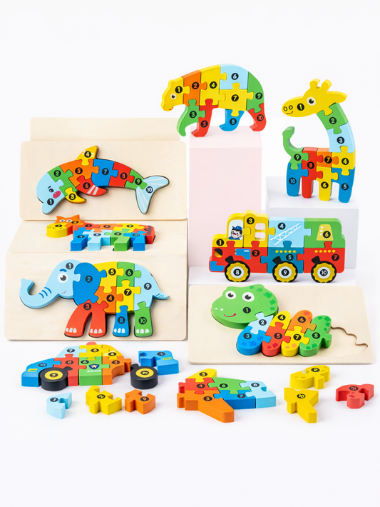 数字入りの木製立体パズルセット全体イメージ（動物・乗り物・ピースばらし）
