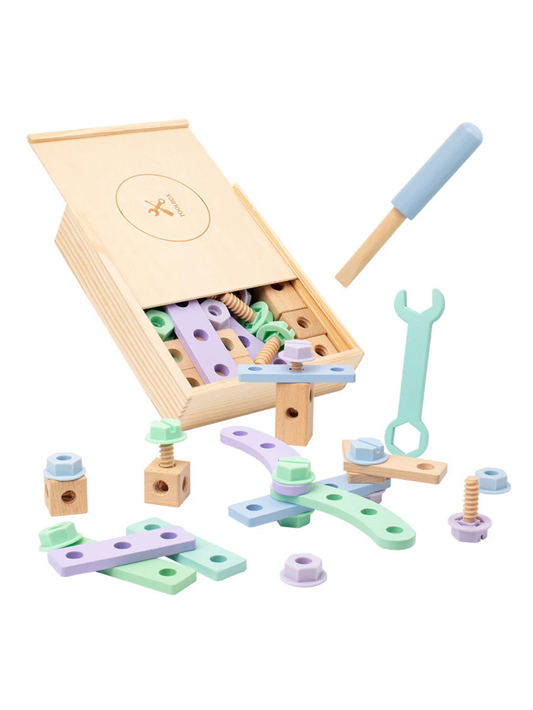 木製ツールボックス組立玩具の全体イメージ（引き出し収納とパステル工具パーツ）
