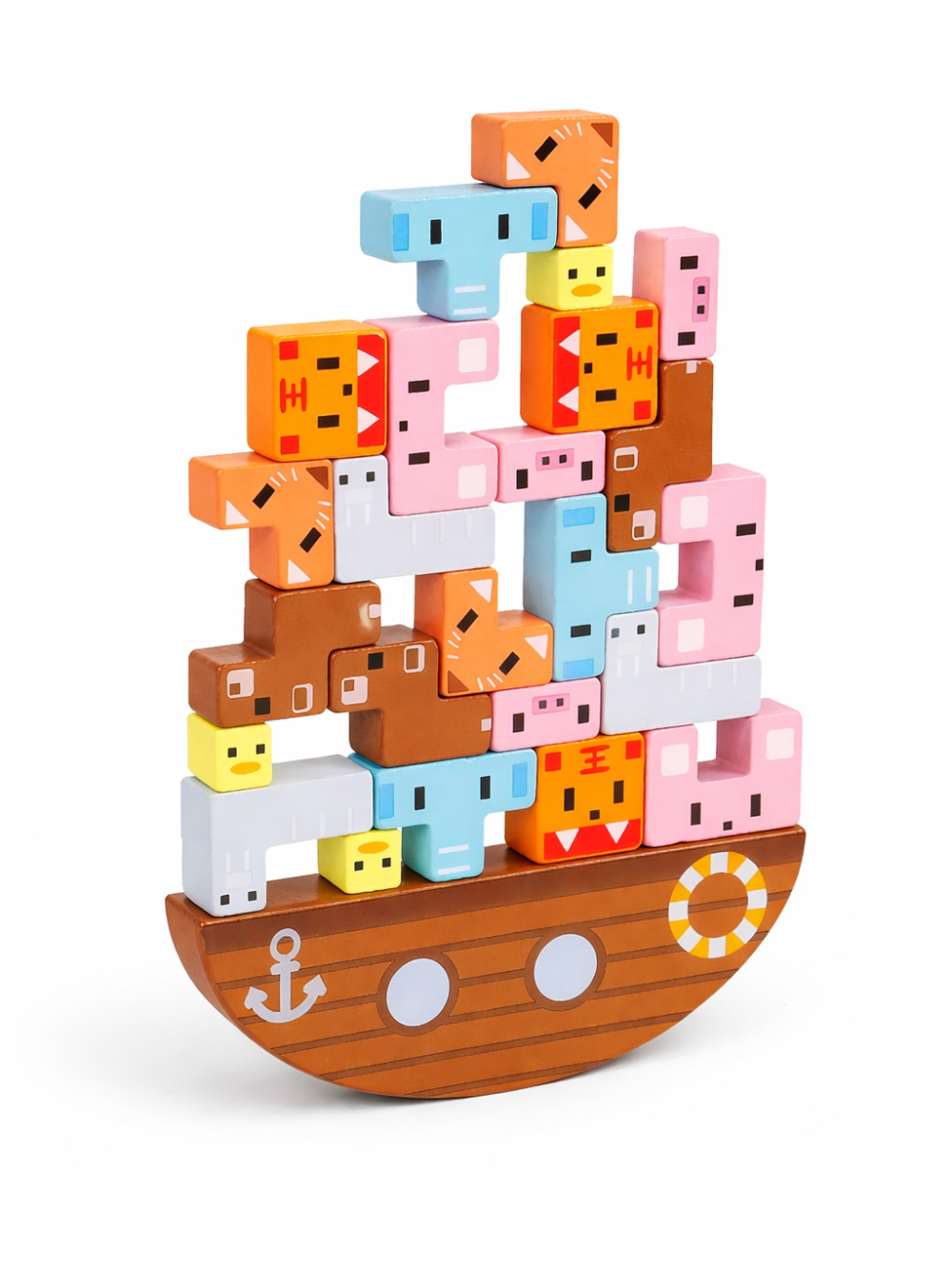 木製ボート型バランスベースにアニマルブロックを積み上げた完成イメージ
