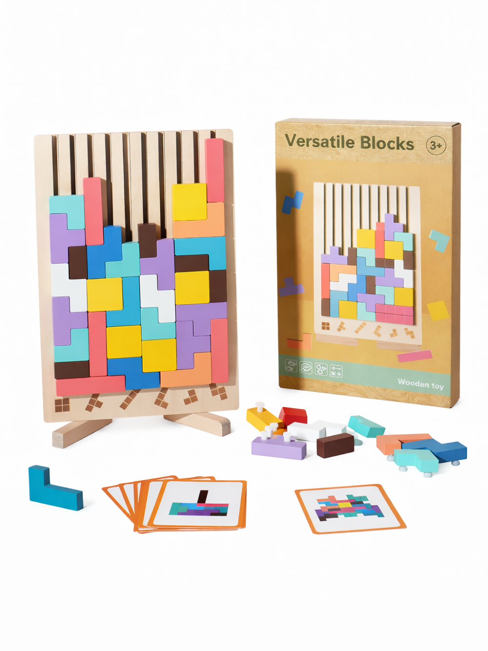 木製テトリス知育パズルセットの全体イメージ（ボード・カラーピース・例題カード・外箱）
