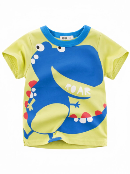 恐竜プリントが目を引く子ども用半袖Tシャツの全体写真
