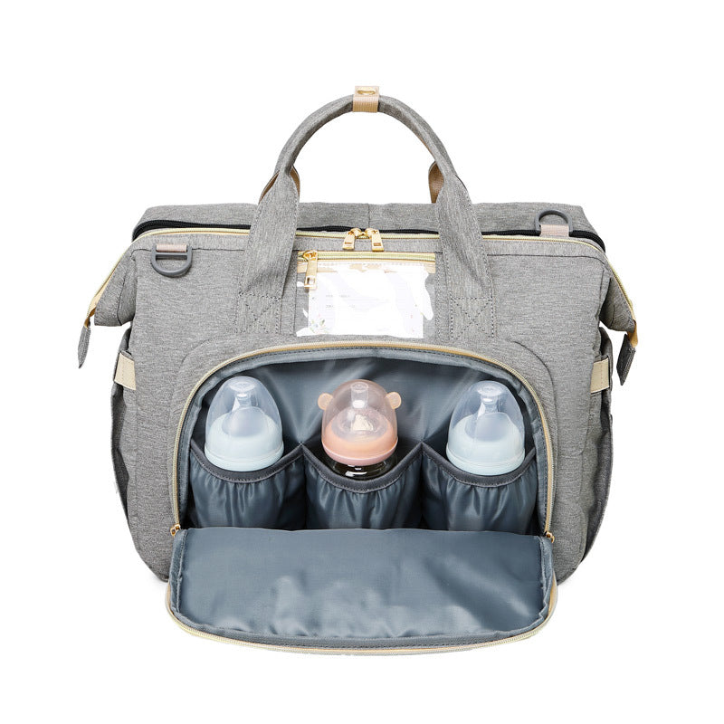 ベッド付きマザーズバッグ 25L 大容量 オックスフォード生地 ポータブル折りたたみベビーベッド一体型 40×19×32cm マット80×38cm