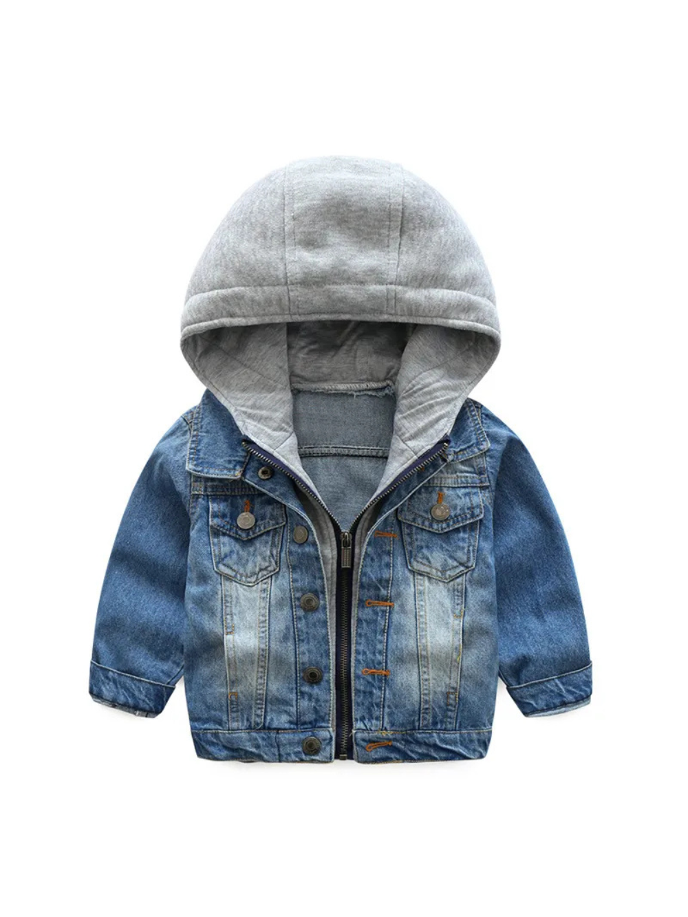 グレーのフード付きソフトデニム風子どもジャケットを正面から撮影した画像
