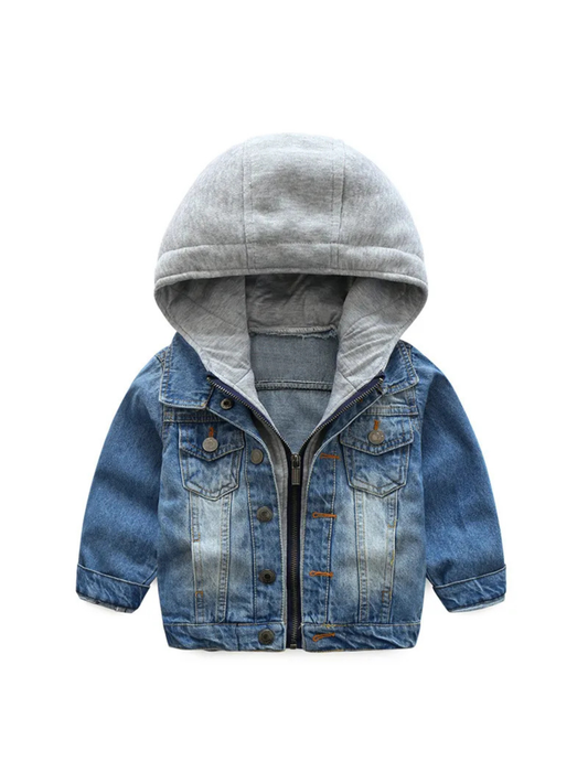グレーのフード付きソフトデニム風子どもジャケットを正面から撮影した画像

