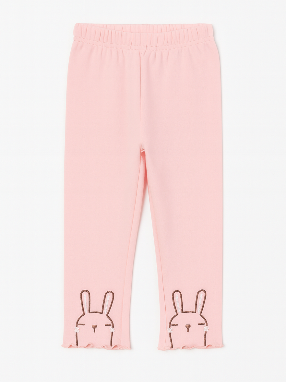 ピンクの女の子用コットンレギンスパンツ裾のうさぎワンポイントを写したディテール写真
