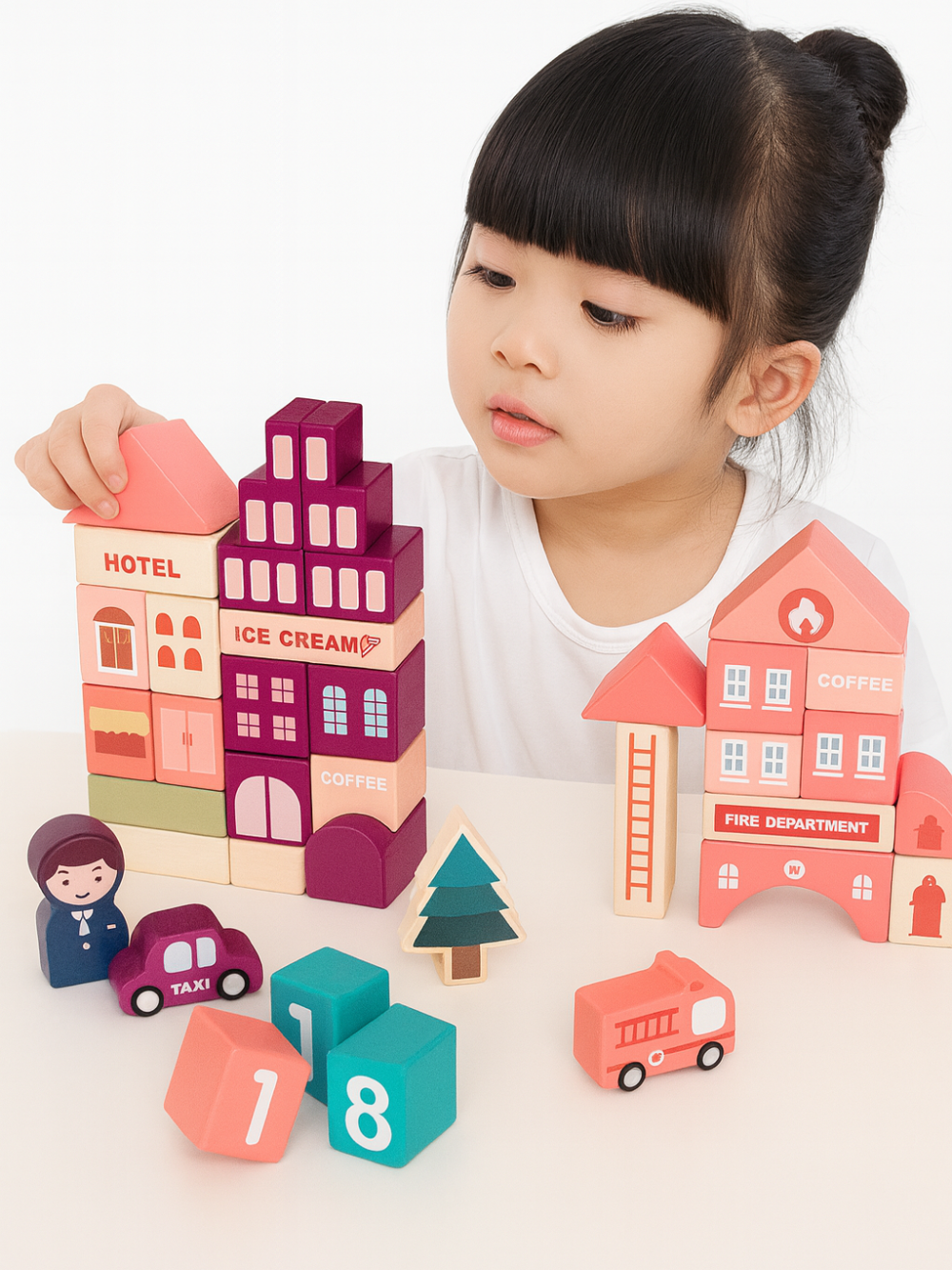 ホテルや学校、病院などの建物ブロックと車や人形ブロックを組み合わせて高さ30×横29cmほどの街を作ったレイアウト全体画像
