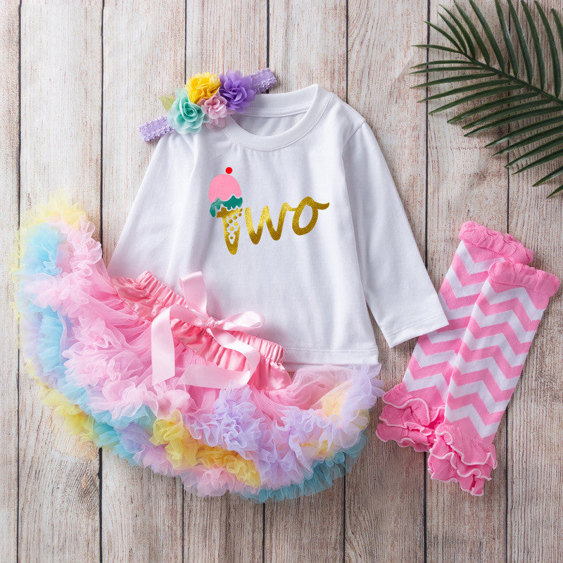 ふわふわチュールでプリンセス気分が高まる 女の子長袖トップス＆チュールスカート4点セット アイスモチーフプリント ナイロン混 80cm