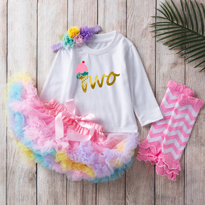 ふわふわチュールでプリンセス気分が高まる 女の子長袖トップス＆チュールスカート4点セット アイスモチーフプリント ナイロン混 80cm