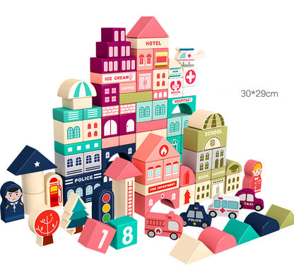 ホテルや学校、病院などの建物ブロックと車や人形ブロックを組み合わせて高さ30×横29cmほどの街を作ったレイアウト全体画像
