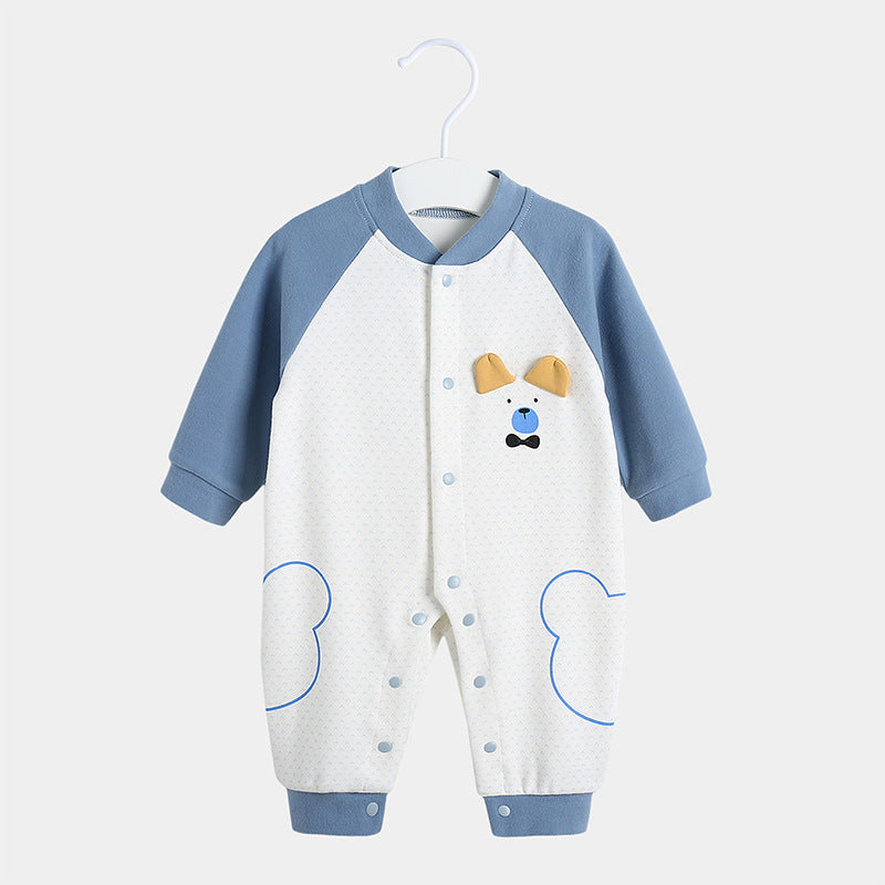 フロントにシンプルなアニマルフェイスがデザインされたロンパースのアップ画像
