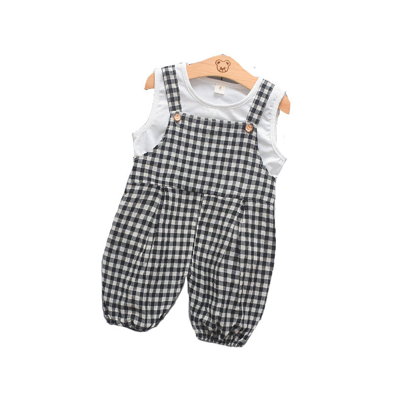 元気に動けて夏コーデが即完成する 子どもビブオーバーオール チェック柄 五分丈サロペットパンツ 80〜110cm