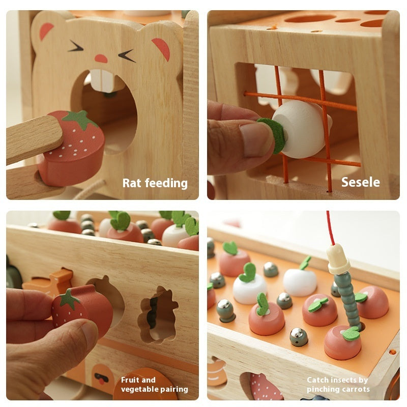 トングでつまむ遊びや穴あそびが分かるフィーディングトロリーの使用シーンコラージュ
