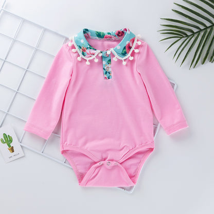 花柄リボンで写真映えする 女の子長袖ロンパース＆フローラルパンツ2点セット ピンク×グリーン コットン95% 59〜80cm