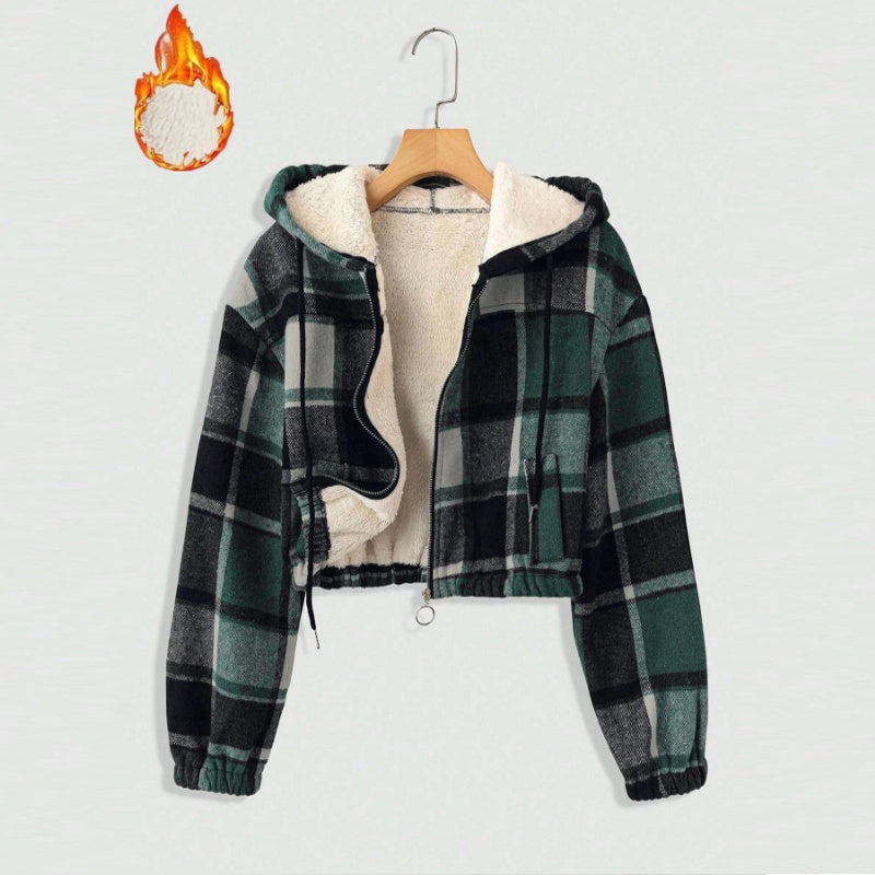 エレガントチェック柄フード付きレディースジャケット 軽量フルジップ 秋冬向け 洗練シルエット | Elegant Plaid Hooded Women’s Jacket Lightweight Full-Zip Coat Lumisei Prime