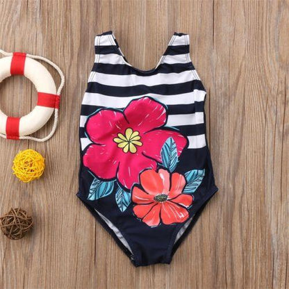 花柄ボーダー 女の子ワンピース水着｜大ぶりフラワー・6〜12ヶ月〜5歳