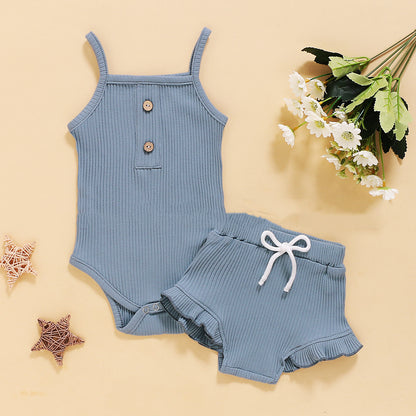 ふんわりやさしく着映える 女の子ベビー ノースリーブボディスーツ＆フリルショートパンツ上下セット リブニット無地 コットン 60~100cm