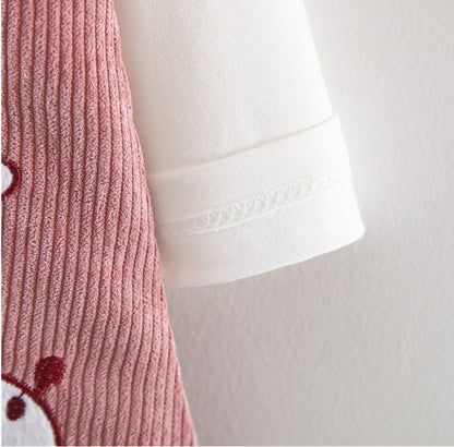 やさしく可憐に着映える 女の子ジャンパースカート上下セット きりん刺繍 レース襟トップス コットン 80~100cm