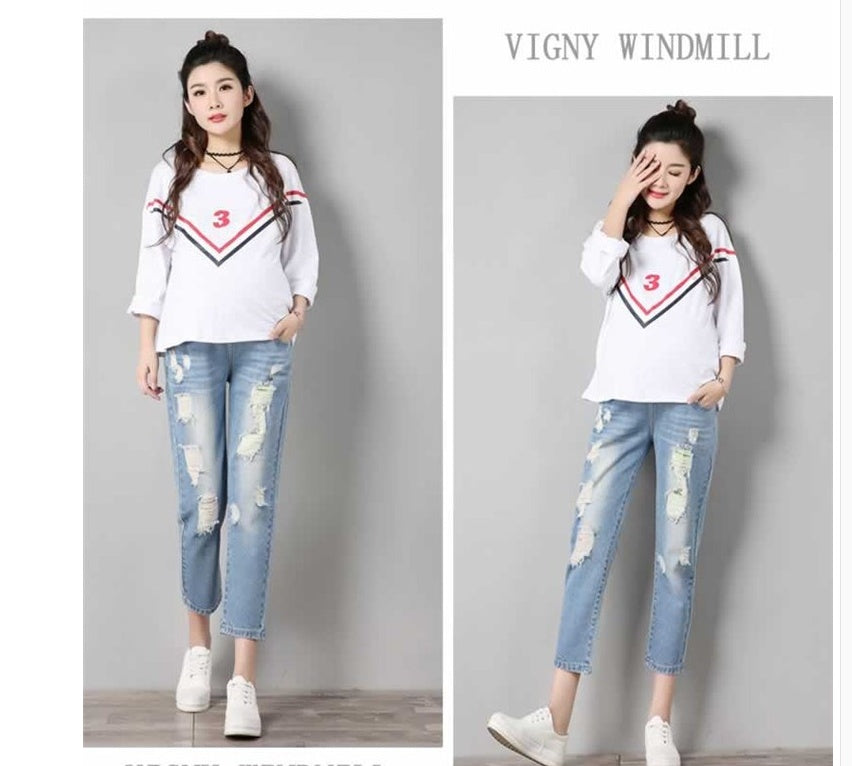 全身コーデで見え方が分かるマタニティ九分丈パンツの着用イメージ
