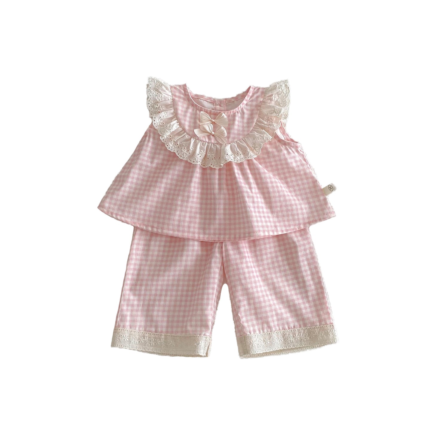 やさしいギンガムチェックとレース襟が上品に映える 女の子ノースリーブセットアップ リボン付きドールトップス＋ワイドパンツ コットン チェリーピンク 1〜6歳