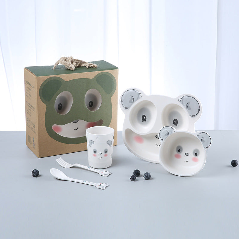 ギフト箱と食器5点を並べたセット写真 バンブーファイバー（出産祝いギフト）
