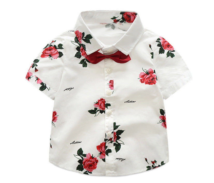きちんと華やぐ 男の子フォーマル風セットアップ 薔薇花柄半袖シャツ＆赤ショートパンツ 蝶ネクタイ付き コットン100% 90~140cm