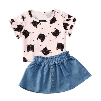 さらっと可愛くコーデが決まる 女の子半袖トップス＆ブルーAラインスカートセット 猫柄フリル袖 ファブリック素材 80~120cm