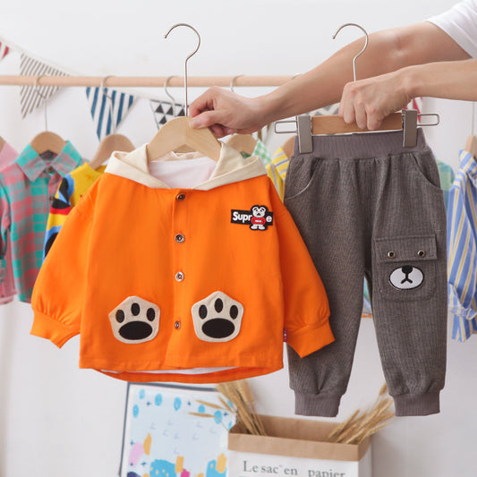 男の子80から120センチ向けフード付き3点セットイエロー
