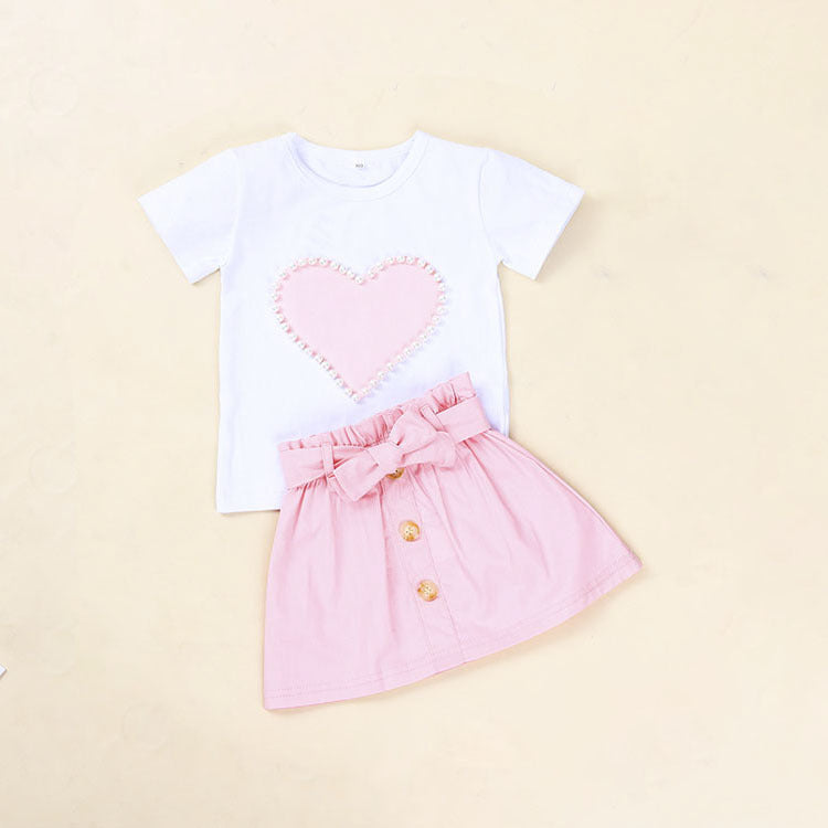 夏の可憐コーデが完成する 女の子半袖Tシャツ＆リボン付きスカートセット パール風ハートデザイン コットン（95%） 90〜120cm