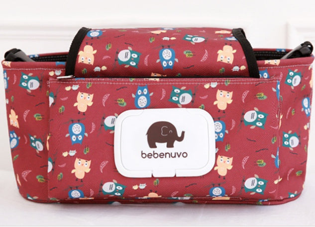 レッドオウル柄のベビーカー用収納オーガナイザー正面デザイン（ベビーカー収納バッグ）
