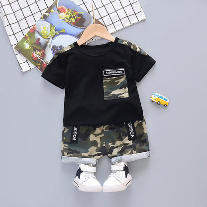 アクティブに動けて涼しい 男の子半袖Tシャツ＆ショートパンツ上下セット 迷彩ポケットデザイン コットン素材 80~110cm
