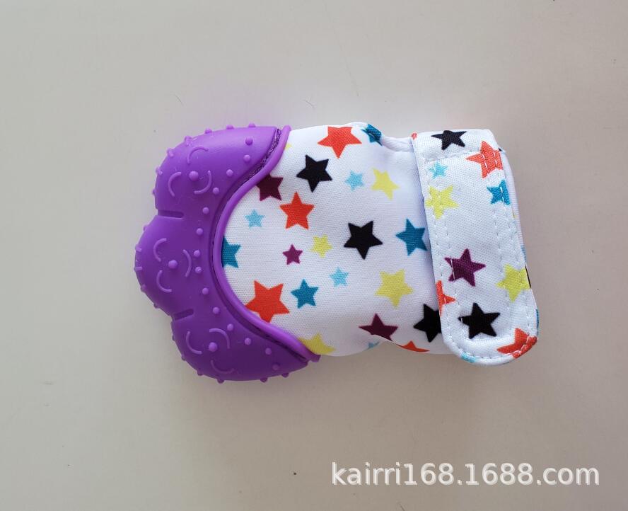 スター柄のベビー用歯固めミトングローブ パープル（シリコン歯固め）
