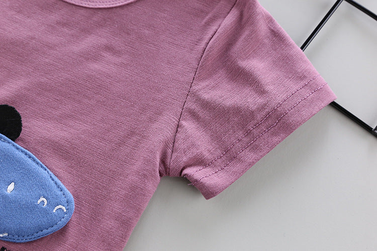 元気いっぱいに映える 子ども半袖上下セット 恐竜カートゥーンアップリケ 五分丈ショーツ コットン95% 80~110cm