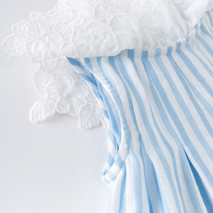 清楚ストライプで写真映えする 女の子ノースリーブワンピース ブルー×ホワイト縞柄 立体襟デザイン コットン100% 66~130cm