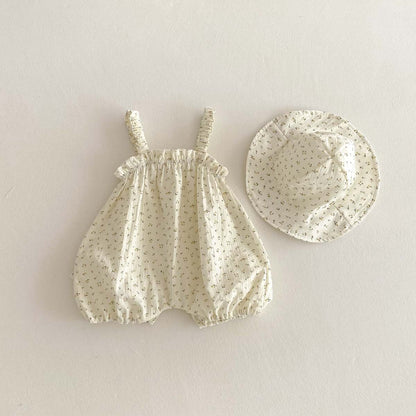 ふんわり小花柄で涼しく可憐にまとまる 女の子ショルダーストラップロンパース 帽子付き コットン薄手 66〜90cm