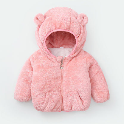 kids fuzzy ear hooded jacket pink color front view on hanger
