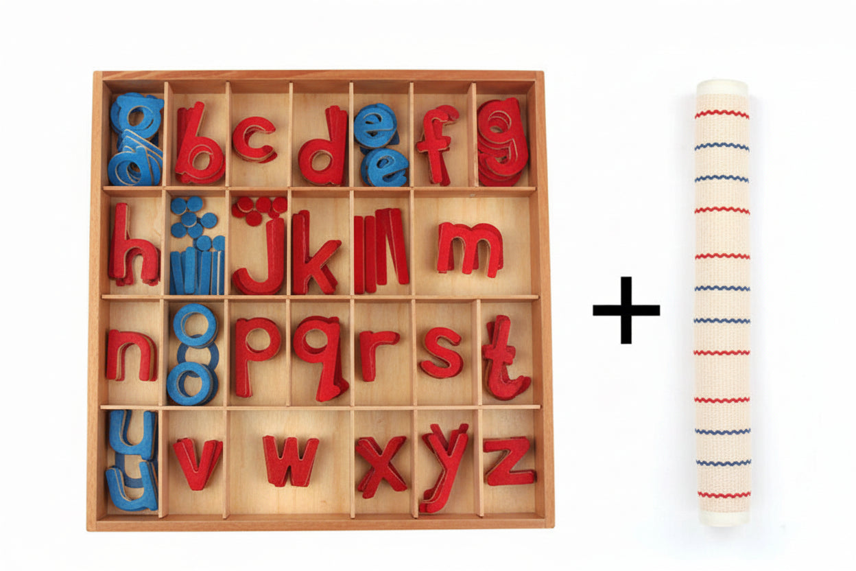 アルファベットレターボックス本体と巻いたマットを並べたセット構成イメージ
