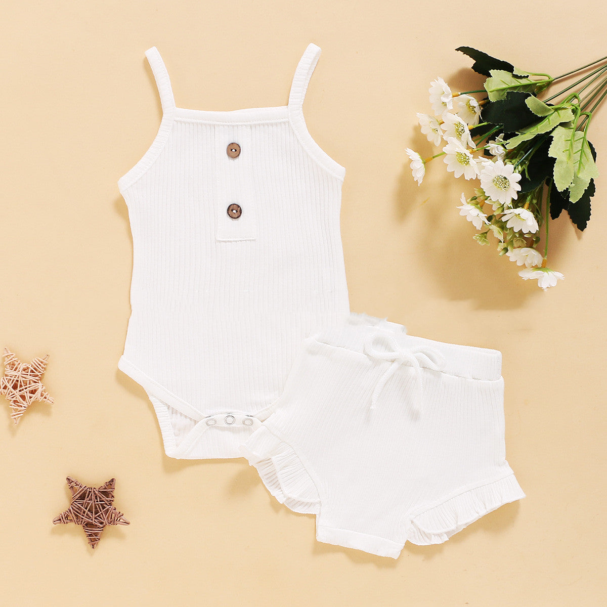 ふんわりやさしく着映える 女の子ベビー ノースリーブボディスーツ＆フリルショートパンツ上下セット リブニット無地 コットン 60~100cm