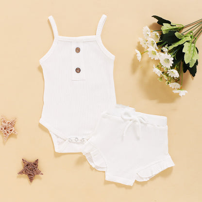 ふんわりやさしく着映える 女の子ベビー ノースリーブボディスーツ＆フリルショートパンツ上下セット リブニット無地 コットン 60~100cm