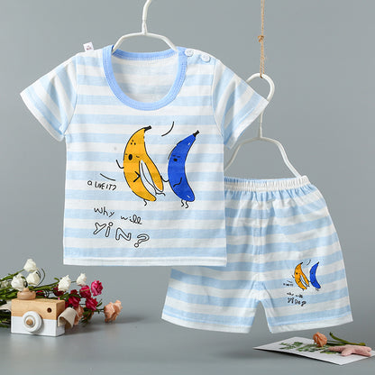 毎日がもっと快適になる 男の子半袖Tシャツ＆ショートパンツ上下セット バナナ・ふくろう・キリン・ライオン・飛行機プリント 80~110cm