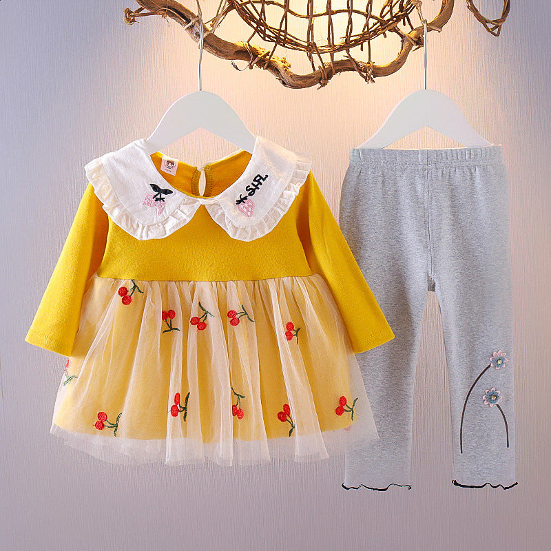 ふんわりチュールにさくらんぼ刺繍が映える 女の子襟付きワンピース＆レギンス上下セット 長袖 66〜110cm