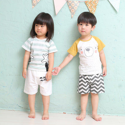 夏の通園おでかけが軽やかに決まる 男の子ベビー半袖セット ボーダーTシャツ＆ショートパンツ 手袋モチーフプリント コットン 70~110cm