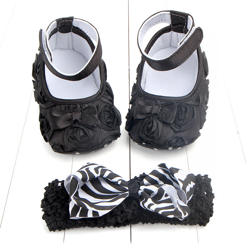 ベビー女の子 写真撮影用 コットンソフトシューズ＆ヘアバンドセット 11〜13cm 滑り止め面ファスナー フラワー＆リボンフォーマル | Baby Girl Photo Shoot Cotton Soft Shoes & Headband Set 11-13cm Non-slip Velcro Crib Shoes Lumisei Prime