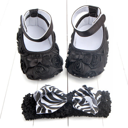 ベビー女の子 写真撮影用 コットンソフトシューズ＆ヘアバンドセット 11〜13cm 滑り止め面ファスナー フラワー＆リボンフォーマル | Baby Girl Photo Shoot Cotton Soft Shoes & Headband Set 11-13cm Non-slip Velcro Crib Shoes Lumisei Prime