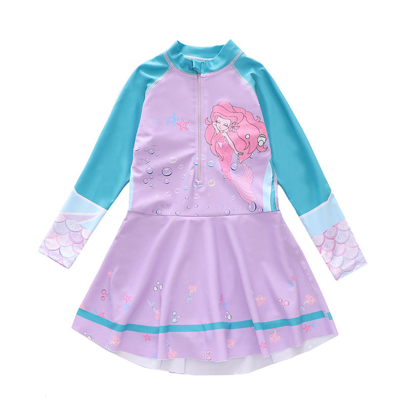 キッズ女の子 長袖ドレス風ワンピース水着 マーメイド柄 ハーフジップ 速乾ポリエステル 3〜14歳