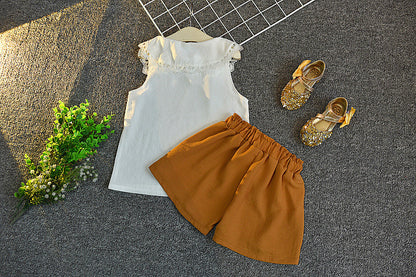 上品レース襟とリボンで可憐にまとまる 女の子ノースリーブブラウス＆ショートパンツ上下セット コットン80% 90~130cm